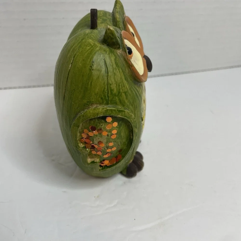 OWL Apple Shaped Wood Resin Figurine Green Glitter Wings Textured